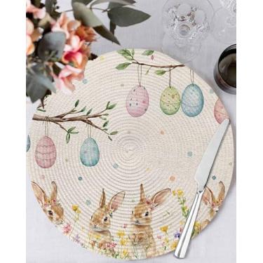 Imagem de Jogo americano redondo coelhinho da páscoa primavera floral ovos de páscoa conjunto de tapetes de mesa resistentes ao calor de 5,5 cm para decoração de cozinha, jantar e primavera