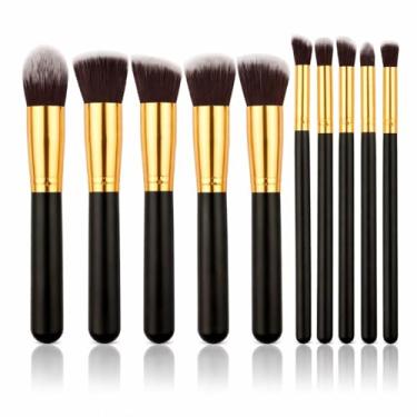 Imagem de Kit 10 Pincéis de Maquiagem Profissional Kabuki, Esfumar e Contorno, Preto e Dourado, 15cm