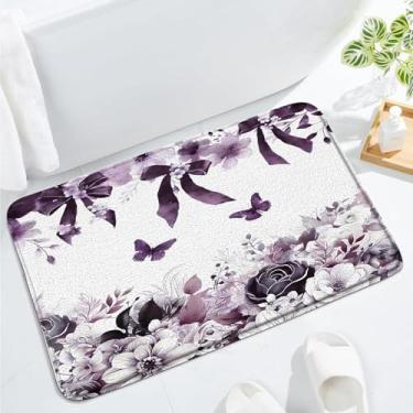 Imagem de Tapete de banho com laço floral roxo, aquarela, flor, borboleta, laços, vintage, rústico, vintage, boêmio, primavera, folhas de plantas, 48 x 75 cm