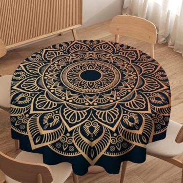 Imagem de HZOHNAGO Mandala Toalha de mesa redonda impermeável vintage dourada abstrata padrão geométrico reutilizável poliéster à prova de derramamento para casamentos, festas, jantares, 91 cm