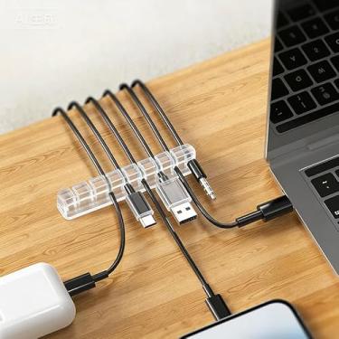 Imagem de Organizador de cabos (7 compartimentos/5 compartimentos), suporte de cabo autoadesivo para cabos de carregamento, gerenciamento de cabos de mesa e parede (transparente (7 compartimentos para cartão))