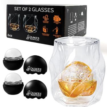 Imagem de JB Copos de uísque de parede dupla/conjunto de 2/moldes de bola de gelo de silicone/copo de uísque soprado à mão com parede dupla de 170 g/ Conjunto de presente masculino