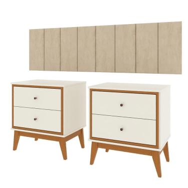 Imagem de Conjunto Quarto Queen Cabeceira Adesiva 1,60 e 2 Mesas de Cabeceira Arruna em MDP Pés em Madeira