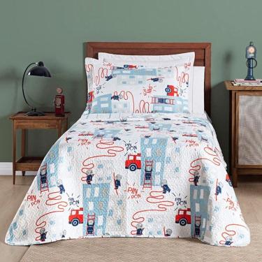 Imagem de Kit Cobre Leito Colcha Solteiro Infantil Fantasy Dupla Face Microfibra 2 Peças - Bombeiro Branco