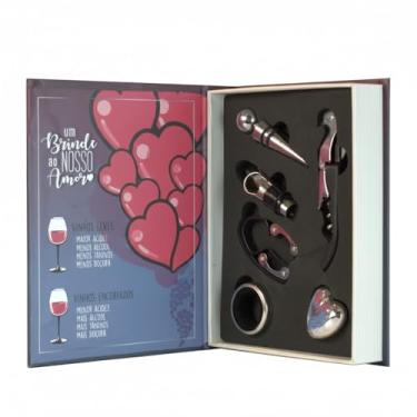 Imagem de Kit Vinho Premium "Um Brinde ao Nosso Amor" com 5 Acessórios em Aço Inoxidável, Estojo MDF Formato Livro, Preto, Saca-Rolhas e Tampa para Garrafa