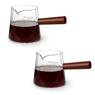 Imagem de Denovin Copo medidor de vidro, cafeteira de 350 ml com cabo de madeira, bico criativo em forma de V, jarra de leite para espumar jarra de café (2 transparentes)