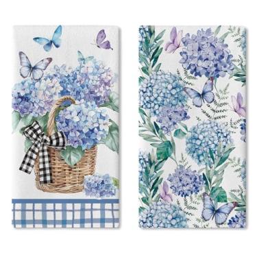 Imagem de Croar Conjunto de 2 toalhas de prato de cozinha de flores de hortênsia primavera verão cesta floral azul roxo secagem toalha de mão pano de cozimento, borboleta botânica xadrez banheiro decoração de