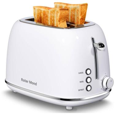 Imagem de Torradeira Roter Mond inox branca 2 fatias vintage 6 níveis bagel/defrost/cancel ranhuras largas bandeja removível 825W acabamento brilhante