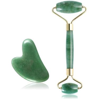 Imagem de Rolo de jade para rosto, conjunto de pedras faciais naturais de jade, 