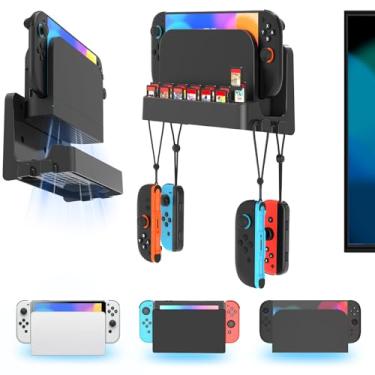 Imagem de Kit de suporte de parede Switch 2/1 para Switch 2/OLED/versões originais, suporte de parede automático com gancho de alça Joycons e 14 compartimentos de jogos para console de dock de TV, suporte de
