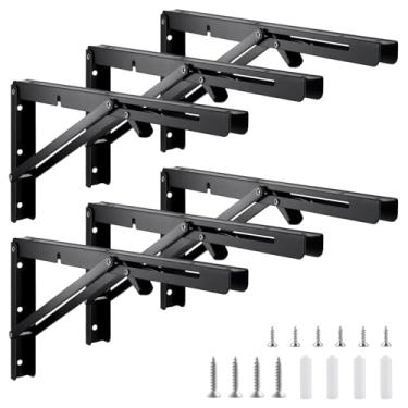 Imagem de 6 suportes de prateleira dobráveis de 40,6 cm, suporte de prateleira dobrável resistente preto com ferragens de montagem, dobradiça de mesa dobrável para banco de mesa