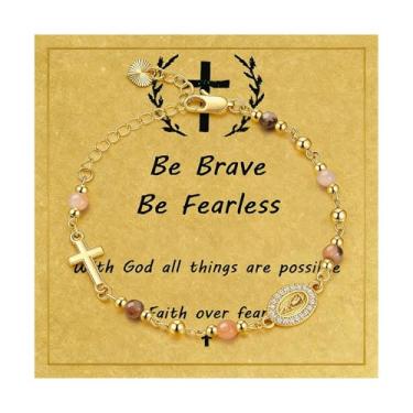 Imagem de Embtrem Pulseira de Terço de Virgem Maria para Mulheres Banhado a Ouro Cruz Católica Religiosa Religiosa Joias Cristãs Amizade Aniversário Batismo Presentes para Ela, Large, Sem Pedra Preciosa