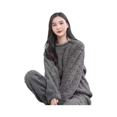 Imagem de Conjunto De Pijama De Veludo Coral Com Forro De Fleece, Manga Longa E 