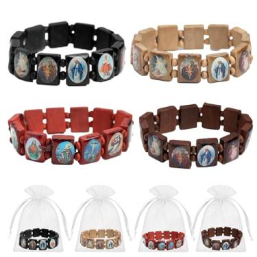 Imagem de ZJRUI 32 peças de pulseira de madeira Jesus Virgem Maria Rosário Santos, pulseira de madeira extensível, com imagens de santos religiosos Jesus presente para homens e mulheres