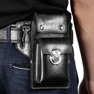 Imagem de Coldre de couro para celular masculino bolsa multiferramentas com clipe de chaveiro suporte de cinto de telefone com fecho magnético para cinto durável bolsa universal para telefone grande (preto)