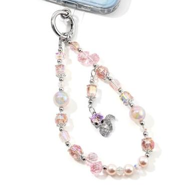 Imagem de WOZEAH Amuleto de telefone rosa para mulheres, cordão de pulso com contas de cristal com aba de corda – Pulseira de corrente de telefone removível antifurto mãos livres (contas de cristal Fox)