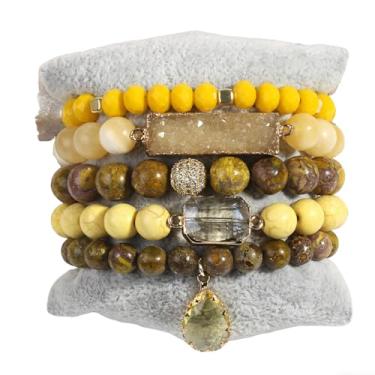Imagem de ZOSOJONA Pulseiras femininas Boho com contas, 5 peças, contas de ágata turquesa, conjunto de pulseiras elásticas com pedra natural e cristal, pulseiras empilháveis da amizade, joias presentes para