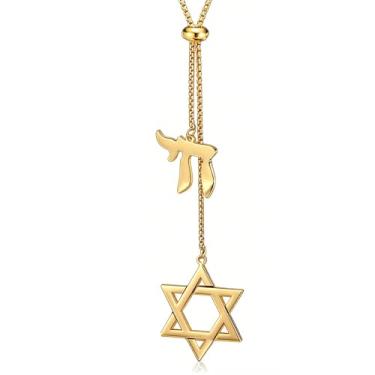 Imagem de Pregeckit Colar longo com pingente de estrela de Davi e judeu hebraico chai corrente hexagrama judaísmo joia de aço inoxidável, Middle, Aço inoxidável, Sem Pedra Preciosa