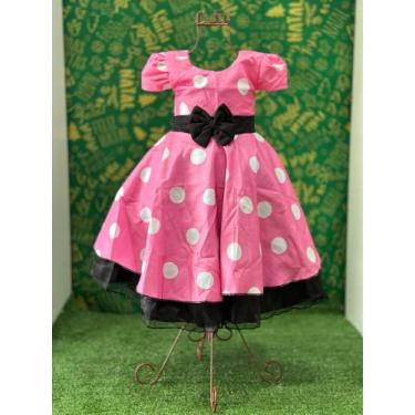 Imagem de Vestido Menina Infantil Elegante Luxo Rosa Bolinhas Brancas Minnie Ros