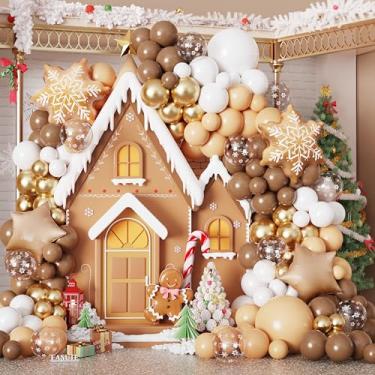 Imagem de Guirlanda de balão de Natal de 135 peças, guirlanda de arco de flocos de neve de gengibre, guirlanda de balão de Natal marrom branco com 61 cm balões de folha de flocos de neve para Natal
