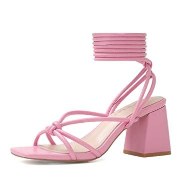 Imagem de Shoe'N Tale Sandálias femininas de salto alto gladiador com tiras de tornozelo com cadarço salto grosso quadrado aberto dedo cruzado, A - rosa, 9
