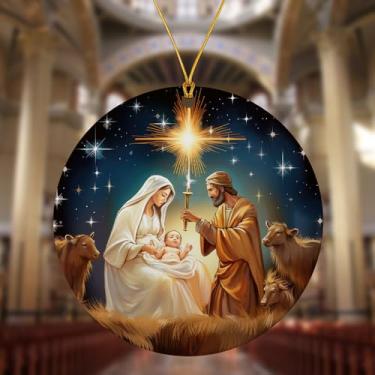 Imagem de Ornamentos redondos de acrílico para pendurar em árvore de Natal, presentes de nascimento de Jesus para cristãos