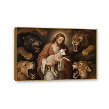 Imagem de Arte de parede em tela Jesus leão e cordeiro pinturas religiosas de leão decoração de parede para sala de estar Jesus e cordeiro imagem para decoração de casa de igreja 60 x 40 cm (24 x 16 polegadas
