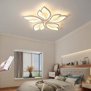 Imagem de Luminária de teto LED moderna e regulável, com controle remoto para sala de estar, design floral com mudança de brilho e cor, cúpula de acrílico branca para mesa de jantar, lustre de quarto