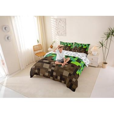 Imagem de Manfei Miners Pixel Checked Conjunto de capa de edredom infantil, tamanho Queen, jogo de cama quadriculado para meninas e meninos, decoração de quarto de gamepad, capa de colcha marrom verde, 2
