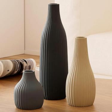 Imagem de Conjunto de 3 vasos de flores decorativos, estilo boho moderno, vasos multicoloridos, vaso de cerâmica com texturas nervuradas para decoração de casa, estante, manto, suporte de TV, console de entrada