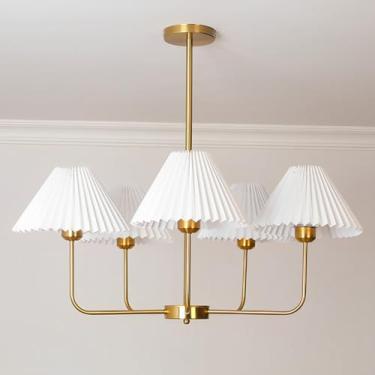 Imagem de Lustre vintage dourado com cúpula de tecido plissado, luminária pendente, estilo moderno de meados do século XX, lustre grande para sala de estar, sala de jantar, escritório, cozinha e quart