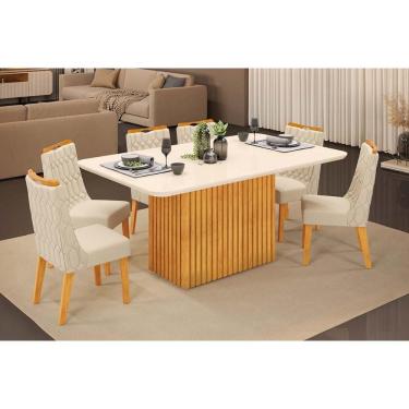 Imagem de Conjunto: Mesa de Cozinha Canes c/ Tampo Madeirado c/ Vidro Curvo 170x90cm e 6 Cadeiras Bia Cedro/Off White - Linho Neve - DJ Móveis
