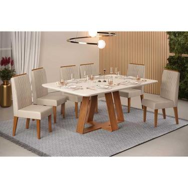 Imagem de Conjunto: Mesa de Cozinha Celeste c/ Tampo Madeirado c/ Vidro Curvo 160x90cm e 6 Cadeiras Lia Freijo/Off White - Linho Neve - DJ Móveis
