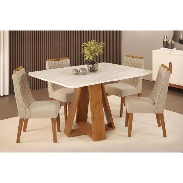 Imagem de Conjunto: Mesa Sala Jantar Celeste c/ Tampo Madeirado Curvo 120x90cm e 4 Cadeiras Bia Freijo/Quartzo - Suede Kraft - DJ Móveis