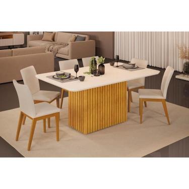 Imagem de Conjunto: Mesa de Cozinha Canes c/ Tampo Madeirado c/ Vidro Curvo 170x90cm e 6 Cadeiras Vitória Cedro/Off White - Linho Neve - DJ Móveis