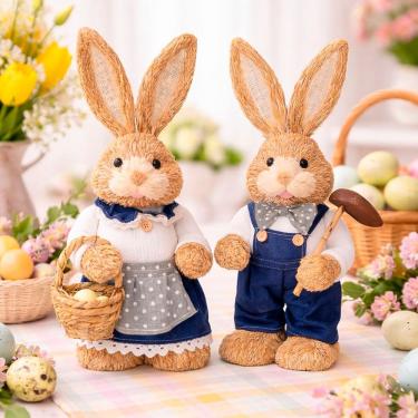 Imagem de Casal Coelho Coelhinho Enfeite Decoração Páscoa Palha 45cm