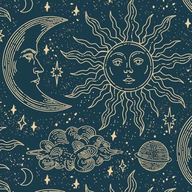 Imagem de HelloWall Papel de parede azul celestial descasque e cole vintage azul marinho e dourado céu noturno estrelado estrela papel de parede espaço estrelas sol lua removível papel de contato celestial