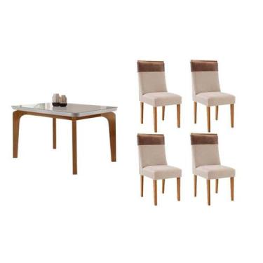 Imagem de Sala Jantar Mesa Londrina Tampo c/ Vidro Curvo 120cm 4 Cadeiras Jaspe 