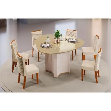 Imagem de Conjunto: Mesa Sala Jantar Chanel c/ Tampo Madeirado c/ Vidro Orgânico 136x136cm e 6 Cadeiras Julia Off White/Dourado - Freijo/Linho Neve - DJ Móveis