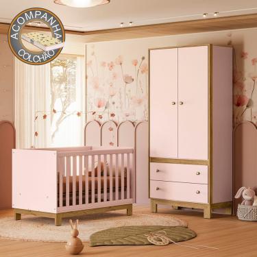 Imagem de Quarto de Bebê com Berço Slim e Guarda Roupa Flora Rosa Qmovi + Colchão Gazin