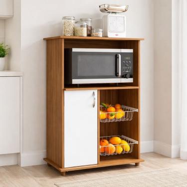 Imagem de Balcão Multiuso 67cm Fruteira Freijó com Branco - Armário Cozinha Cesto Nicho Forno 1 Porta