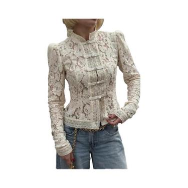 Imagem de Blusa Feminina Branca De Manga Longa Com Renda, Chique, Vazada Com Flo