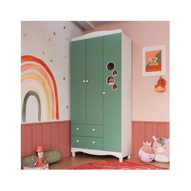 Imagem de Guarda Roupas Infantil 3 Portas e 2 Gavetas 91x40x198 cm Branco e Verde Completa Móveis