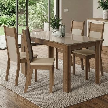 Imagem de Conjunto Sala de Jantar Canela Mesa Tampo de Vidro 4 Cadeiras Rustic/Crema/Sintético Bege Madesa