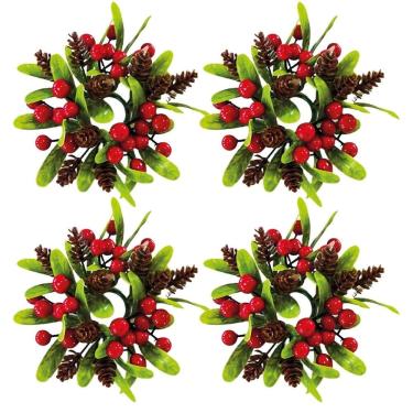 Imagem de Kit 4 Porta Guardanapos Decorado Natalino Argola com Folhagens Pinhas e Berries Mesa Posta Natal 10cm Decorativo