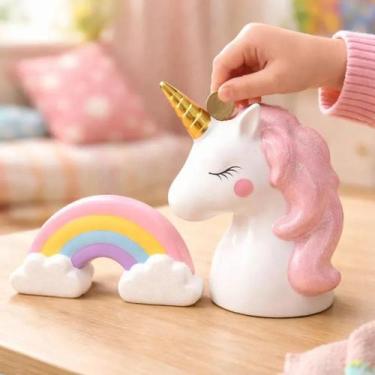 Imagem de Kit 2 Peças Cofre Arco Iris e Unicornio Rosa Gliter Ceramica - Hp Deco