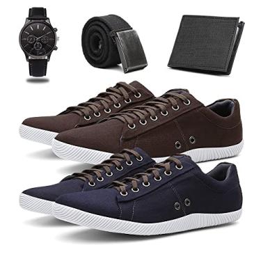 Imagem de KIT 2 Sapatenis Masculino Tenis Casual Conforto + Cinto + Carteira + Relógio - Preto/Café - 41