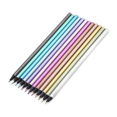 Imagem de Lápis de cor, conjunto de lápis de cor metálicos premium de 12 cores não tóxicos de madeira preta, suporte de alça redonda, papelaria estudantil