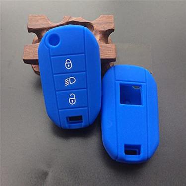 Imagem de YJADHU Capa de silicone para chave de carro conjunto de suporte de pele 3 botões capa de chave, apto para peugeot 3008 208 308 rcz 508 408 2008 407 307 4008, azul