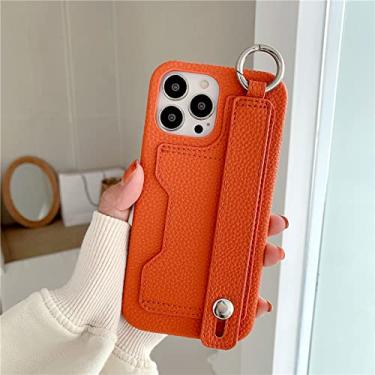 Imagem de Carteira de couro com alça de pulso de luxo para iphone 11 12 13 14 14pro 13pro max mini x xr xs 7 8plus escudo protetor, laranja, para iphone 7plus 8plus